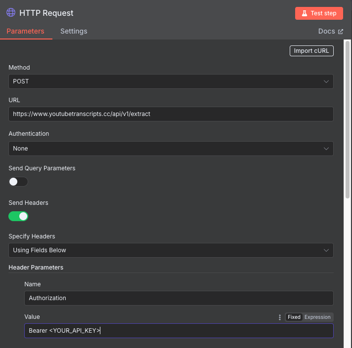 N8n HTTP Request node after cURL import showing all fields automatically filled