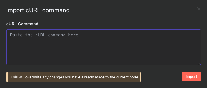 Close-up view of the Import cURL button in the N8n HTTP Request node interface